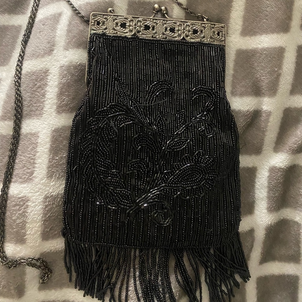 Gorgeous Vintage black beaded evening bag with metal clasp